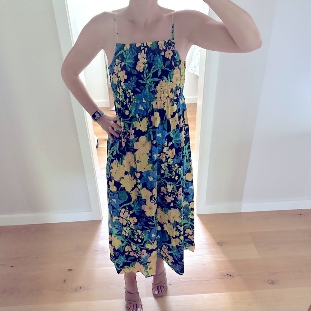 Top Shop Womens Tropical Floral Midi Dress Smocked Spaghetti Strap Multicolor S - Picture 1 of 6
